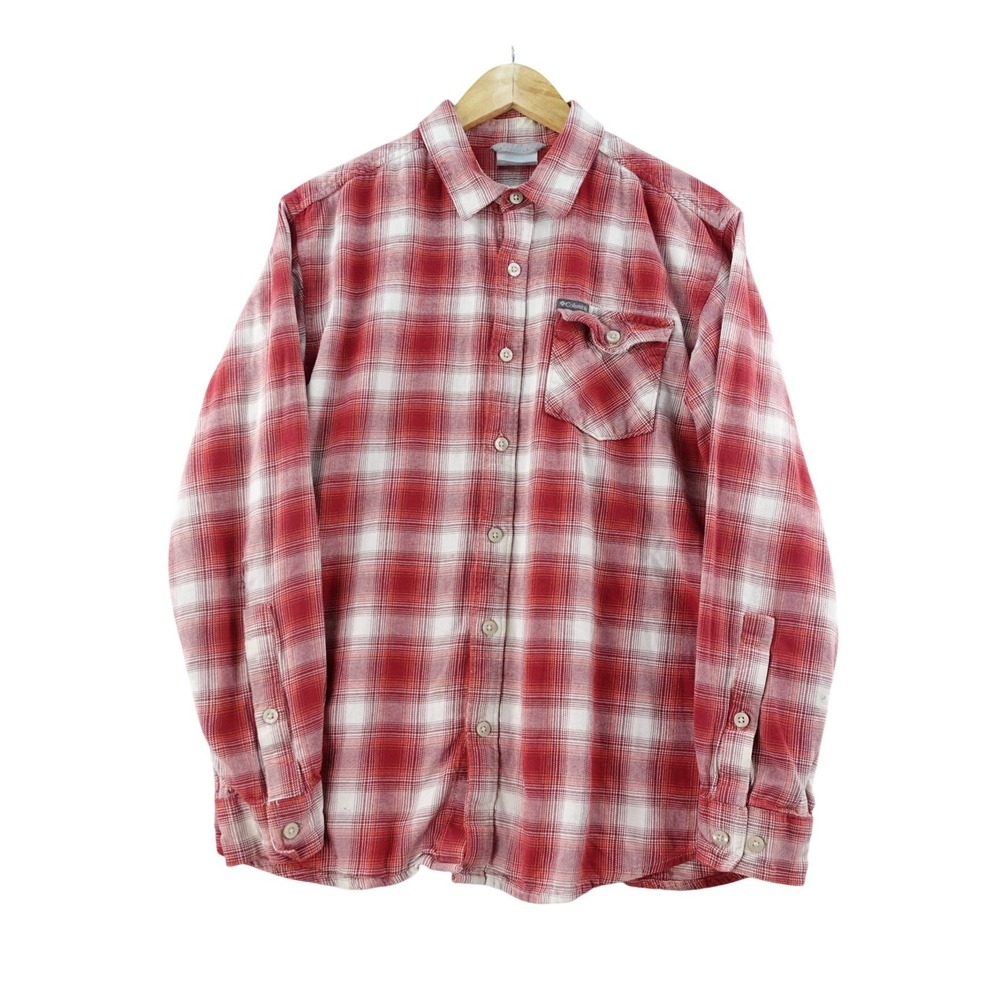 Columbia Men M Red Plaid Button Up Long Sleeve Flannel Shirt Casual Camp Outdoor